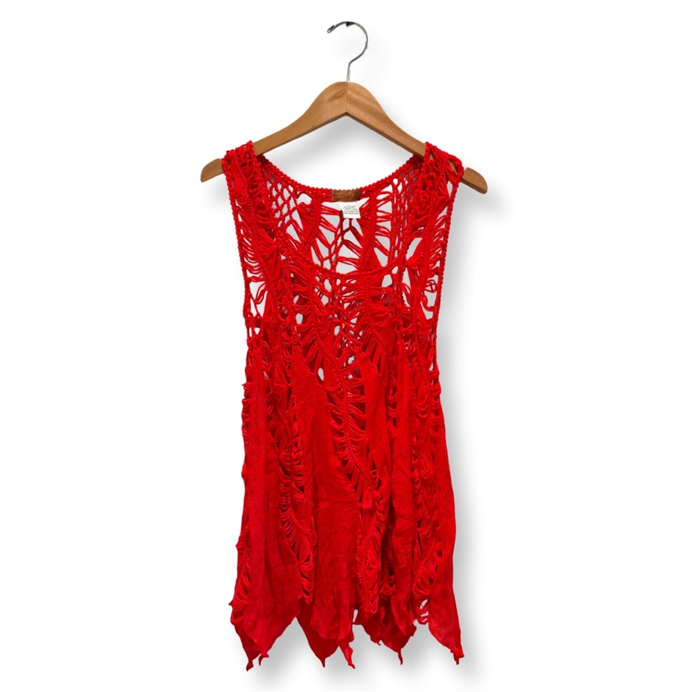 Red Crochet Festival Top | Boho Western Open Knit | Size L